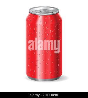 Realistische rote Aluminium Drink Soda Pop kann mit Wassertropfen Vektor auf weißem Hintergrund isoliert kalt Stock Vektor