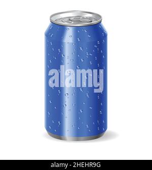 Realistisches blaues Aluminium Getränk Soda Pop kann mit Wassertropfen Vektor auf weißem Hintergrund isoliert kalt Stock Vektor