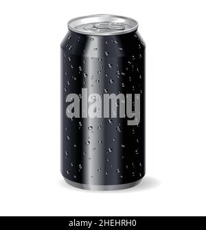 Realistisches schwarzes Aluminium Getränk Soda Pop kann mit Wassertropfen Vektor auf weißem Hintergrund isoliert kalt Stock Vektor