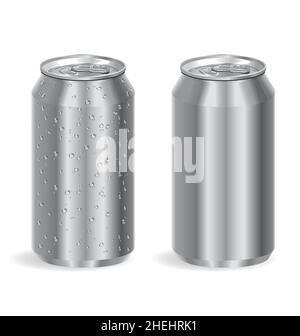 Realistisches silbernes Aluminium-Getränk Soda Pop kann mit Wassertropfen auf einem Vektor auf weißem Hintergrund isoliert kalt Stock Vektor