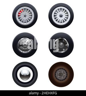 Verschiedene Räder und Reifen Elemente Vektor-Set isoliert auf weißem Hintergrund Stock Vektor