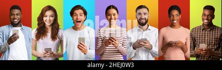 Überfröhliche, multirassische Menschen, die Mobiltelefone benutzten und die Kamera anschauten, Männer und Frauen, die auf farbigem Hintergrund posieren Stockfoto