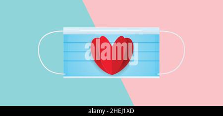 Maske und Herz-Vektor-Illustration isoliert auf weißem Hintergrund. Symbol für medizinische Maske, Symbol, Zeichen Stock Vektor