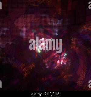 Abstrakter fraktaler mehrfarbiger Hintergrund. Rote Gitter über mehrfarbigem dunklen Raum Stockfoto