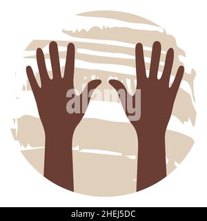 Zwei braune Hände aus der Nähe. Heller, sandfarbener, abstrakter Fleck als Hintergrund. Offene Handflächen mit Silhouetten an den Handgelenken. Menschliche Körperdetails isoliert. Rechts und links h Stock Vektor