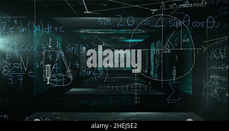 Bild der Datenverarbeitung und mathematischen Gleichungen über Bildschirme Stockfoto