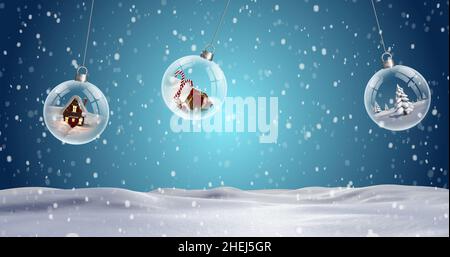 Bild von Schnee fällt über weihnachtsdekoration mit Kugeln Stockfoto