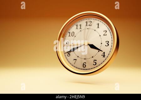 3D Illustration antike goldene Uhr auf orangefarbenem isoliertem Hintergrund. Stoppuhrsymbol, Logo. Chronometer, Vintage-Timer Stockfoto