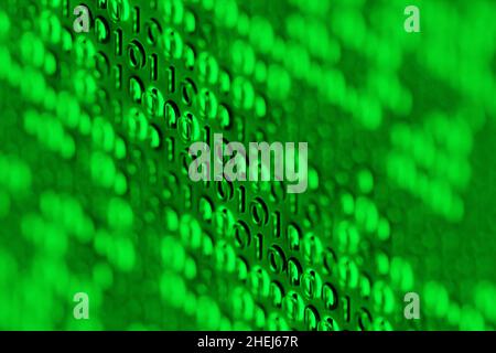 3D Darstellung des Hintergrundes im grünen Matrixstil. Fallende Zufallszahlen. Stockfoto
