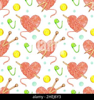 Aquarell-Illustration Muster von roten Skein des Fadens in Form eines Herzens und Arbeitswerkzeuge. Logo für Stricker. Nadelarbeit, Kreativität, Fäden, Stockfoto