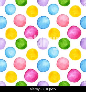 Bunte Aquarell runde Farbe Flecken Muster, pixelierte Punkte Illustration, Design-Elemente, Text Hintergrund. Nahtloser, sich wiederholender Druck von Aquarell Stockfoto
