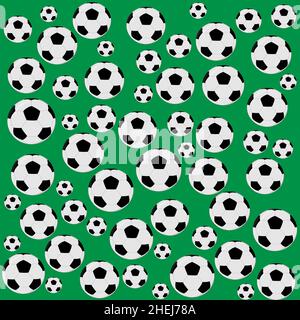 Muster von Fußballbällen auf grünem Hintergrund. Hintergrund mit Sport-Thema Stockfoto