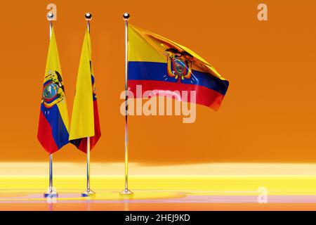 3D-Darstellung der Nationalflagge Ecuadors auf einem Metall-Fahnenmast, der flattert.Ländersymbol. Stockfoto