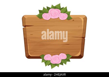 Holzrahmen, Planke mit Blumen und Blättern verziert, Grenze im Cartoon-Stil isoliert auf weißem Hintergrund. Ländliches, vintage Schild, romantische leere Tafel. Vektorgrafik Stock Vektor
