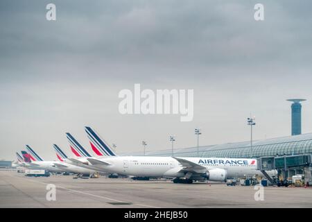 Air France Flaggschiff A330 Airbus-Flugzeuge am Flughafen Charles de Gaulle, Paris, Frankreich Stockfoto