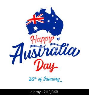 Schriftzug „Happy Australia Day“. Australische Karte mit Flagge und Text. Vektorgrafik. Isolierte abstrakte Grafik-Design-Vorlage Stock Vektor