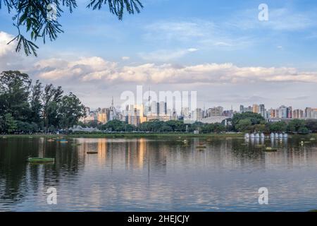 Brasilien, Sao Paulo, die Skyline der Stadt vom Ibirapuera-Park in der Innenstadt von Sao Paulo aus gesehen, inspiriert von Burle Marx und entworfen von Otávio Mendes Stockfoto