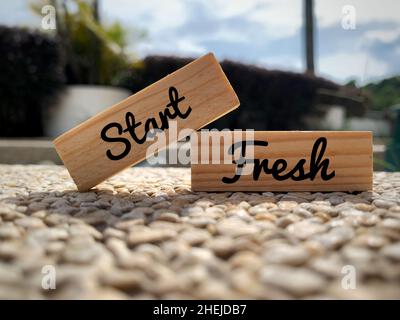 Text auf Holzblöcken - Start Fresh. Mit unscharfem Parkhintergrund. Motivationskonzept. Stockfoto