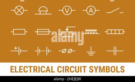 Symbole für elektrische Schaltkreise gesetzt. Weiße flache Symbole auf orangefarbenem Hintergrund. Lampe, Amperemeter und Voltmeter, Glocke, Klemme, Widerstand und Zellbatterie Stock Vektor