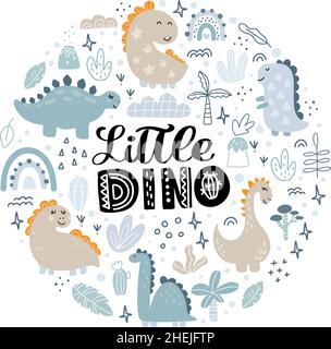 Runde Grußkarte mit niedlichen Dinosaurierpalmen und Kakteen und Schriftzug Text Little Dino. Kindisches Design für Geburtstagseinladung Poster Kleidung Stock Vektor