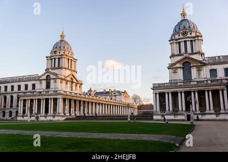 Das Old Royal Naval College ist das architektonische Herzstück von Maritime Greenwich, einem Weltkulturerbe in Greenwich, London, England, Großbritannien Stockfoto