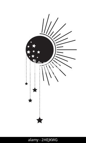 Schwarzer Vollmond und Sonne mit Sternensymbol, Boho Hexe und Magisches Symbol. Mystisches Kunstzeichen, schwarzes Tattoo-Emblem. Vektorgrafik isoliert auf Weiß Stock Vektor
