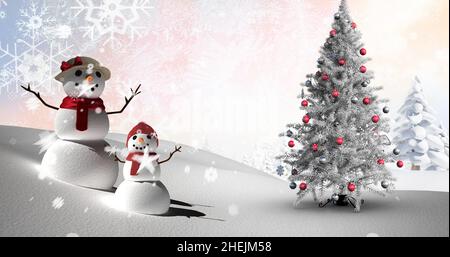 Bild von Schnee fällt über weihnachtsbaum und Schneemänner Stockfoto