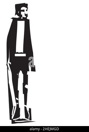 Expressionistisches Bild eines schwarz-weißen Mannes, der zur Seite steht und in die Ferne blickt. Stock Vektor