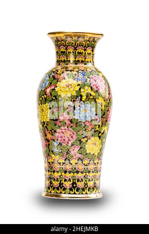 Benjarong Vase auf weißem Hintergrund mit Schneideweg. Thailand schönes Produkt. Bunt kostbares Souvenir aus Thailand Design in fünf Farben rufen an Stockfoto