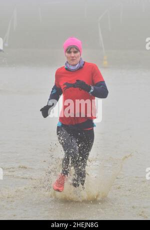 Eine Clubläuferin, die durch das Wasser läuft, ist im Cross Country Rennen haverhill suffolk england zu sehen Stockfoto