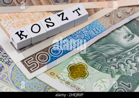 Der Wortlaut „Arzt“ wurde mit „Kosten“ und vielen polnischen Banknoten übersetzt. Neue Steuervorschriften in Polen. Foto aufgenommen unter künstlichem, weichem Licht Stockfoto
