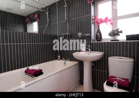 Dusche über der Badewanne im modernen Neubau Hausbadezimmer, schwarze Fliesen, Badewanne, Waschbecken, Waschbecken, Toilette, Wandspiegel. Stockfoto