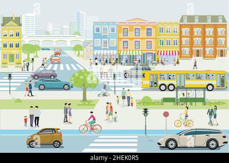 Straßenverkehr mit Fußgängern und Autos auf Straßen der Stadt , Illustration Stock Vektor