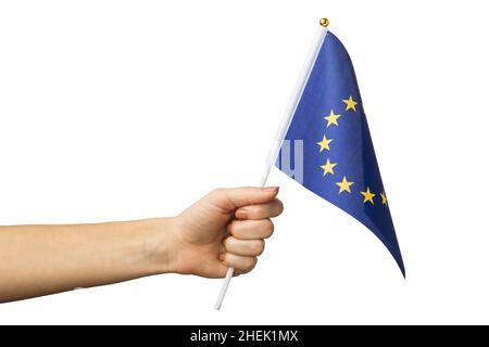 Hand hält EU-Flagge isoliert auf weißem Hintergrund, Vorlage für Designer Stockfoto