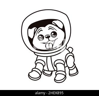 Malbuch: Hund Astronaut, Mops in Raumanzüge, isolierte Vektor-Illustration auf weißem Hintergrund Stock Vektor