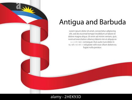 Winkendes Band auf Stange mit Flagge von Antigua und Barbuda. Vorlage für Unabhängigkeitstag Poster Design Stock Vektor