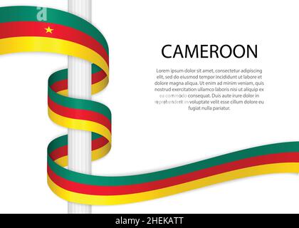 Winkendes Band auf Mast mit Flagge von Kamerun. Vorlage für Unabhängigkeitstag Poster Design Stock Vektor