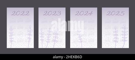 Kalender 2022 2023 2024 2025 Trendy sehr peri Lavendel-Palette mit handgezeichneten botanischen Elementen. Stock Vektor
