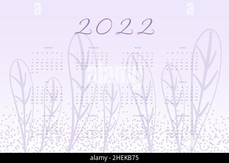 Kalender 2022 Trendy sehr peri Lavendel-Palette mit handgezeichneten botanischen Elementen. Stock Vektor