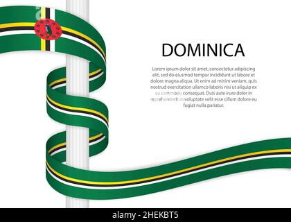 Winkendes Band auf Stange mit Flagge von Dominica. Vorlage für Unabhängigkeitstag Poster Design Stock Vektor