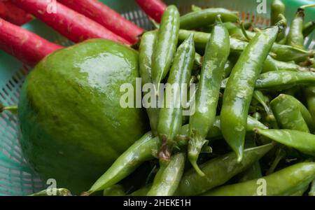 Sortiertes Wintergemüse. Grüne Erbsen, Papaya, Karotten frisch vom Bio-Bauernhof geerntet und zusammen gehalten. Nahaufnahme. Stockfoto