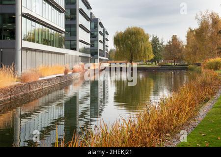 Chodov, Prag, CZ - 10 Finanzdistrikte im Herbst Stadtbild, moderne Business Office-Gebäude, Fenster und Bäume Spiegelung auf Teich. Redaktionell Stockfoto