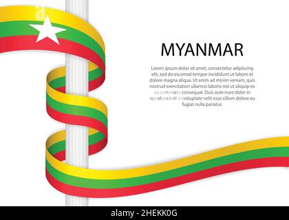 Winkendes Band auf Mast mit Flagge von Myanmar. Vorlage für Unabhängigkeitstag Poster Design Stock Vektor
