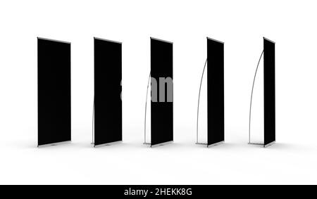 Verschiedene Winkel eines Indoor-Ausstellungs-Bannerstandes 3D werden mit einer schwarzen Haut isoliert auf einem weißen Hintergrund für Modelle und Illustrationen dargestellt. Stockfoto