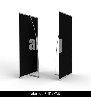 Vorder- und Rückansicht eines brandbaren Ausstellungs-Banner-Stands mit einer schwarzen Haut vorne und hinten. 3D Rendern für Mockup und Illustrationen. Stockfoto