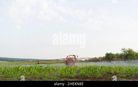 Der Traktor-Feldspritzer befruchtet das Feld mit Insektiziden Herbiziden in der Landwirtschaft auf der Plantage. Bodenbearbeitung in einem Maisfeld und Bewässerung durch ein Stockfoto