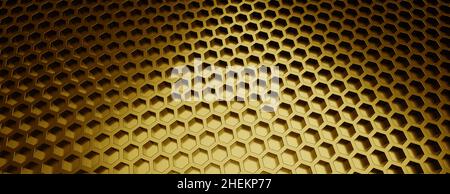 Hexagon-Muster, goldener Wabenzellenhintergrund, hell. Geometrie- und Technologiehintergrund. 3D Abbildung Stockfoto
