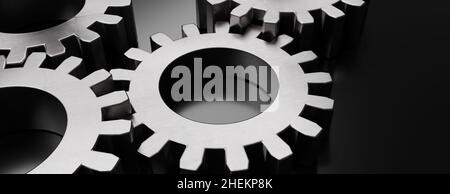 Motorzahnrad, industrieller Hintergrund. Zahnrad aus Stahl auf schwarzem Hintergrund. Teamwork-Konzept, 3D Illustration Stockfoto