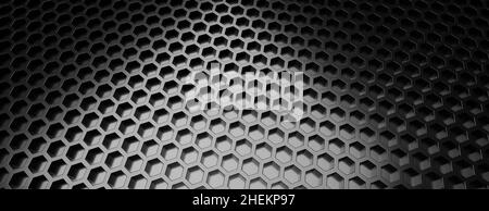 Hexagon-Muster, schwarzer Wabenhintergrund, hell. Geometrie- und Technologiehintergrund. 3D Abbildung Stockfoto