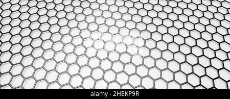 Sechseckiges Muster, sechseckiges Gitter, schwarze Wabenzelle auf weißem Hintergrund. Geometrie und Technologie. 3D Abbildung Stockfoto